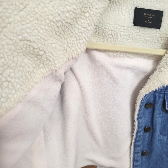 NWOT STORY ON LA Denim Cropped Distressed Jacket Shearling Collar - Picture 12 of 15